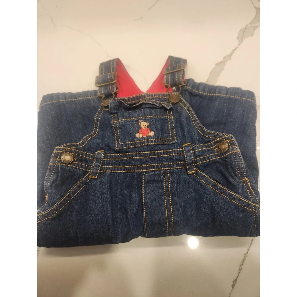 Kitestrings By‎ Hartstrings Blue Denim Overalls Teddy Bear Embroidery 0-3 Months